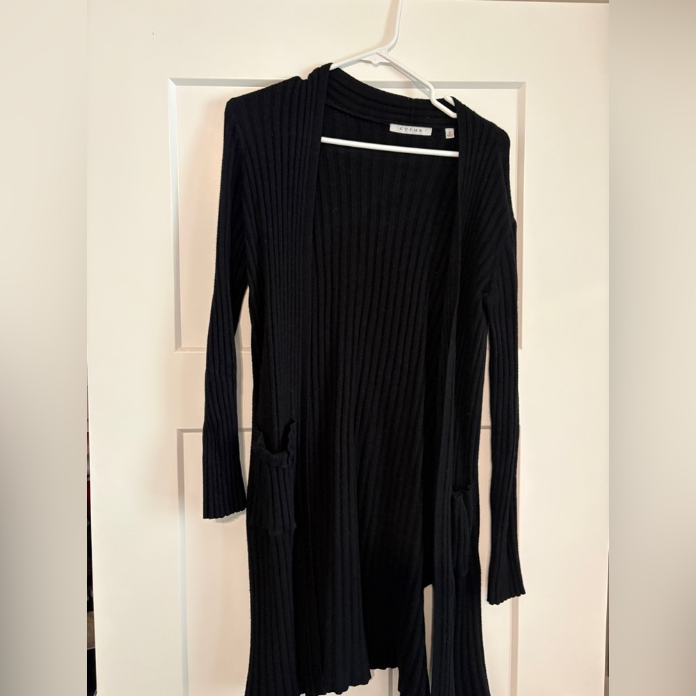 Cyrus Black Ribbed Open Cardigan with Pockets